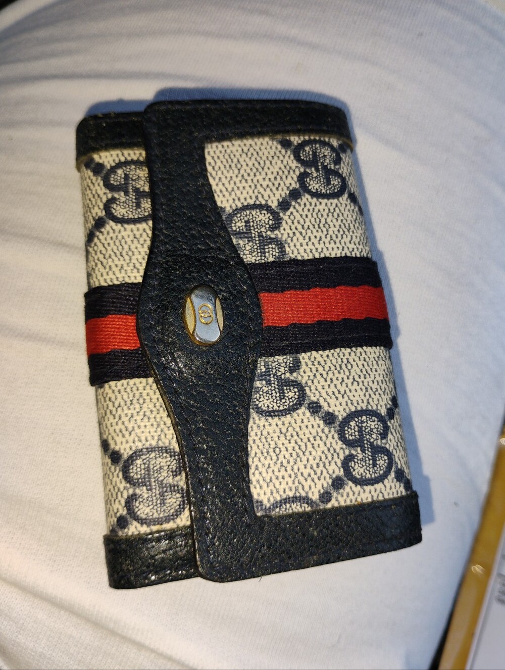 Gucci Monogram Canvas Card Holder with Red and Navy Stripe